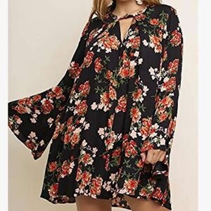 Umgee Black Floral Mini Dress with Red and Pink Blooms